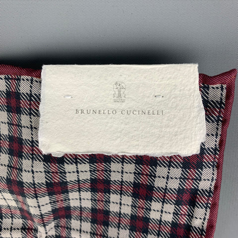 BRUNELLO CUCINELLI Burgundy Grey Tartan Cotton Pocket Square