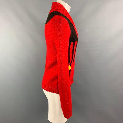 WALTER VAN BEIRENDONCK Size S Red & Yellow Knitted Wool Face Patch Cardigan