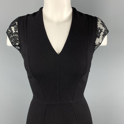 REEM ACRA Size 4 Black Wool Lace Panel Sheath Dress