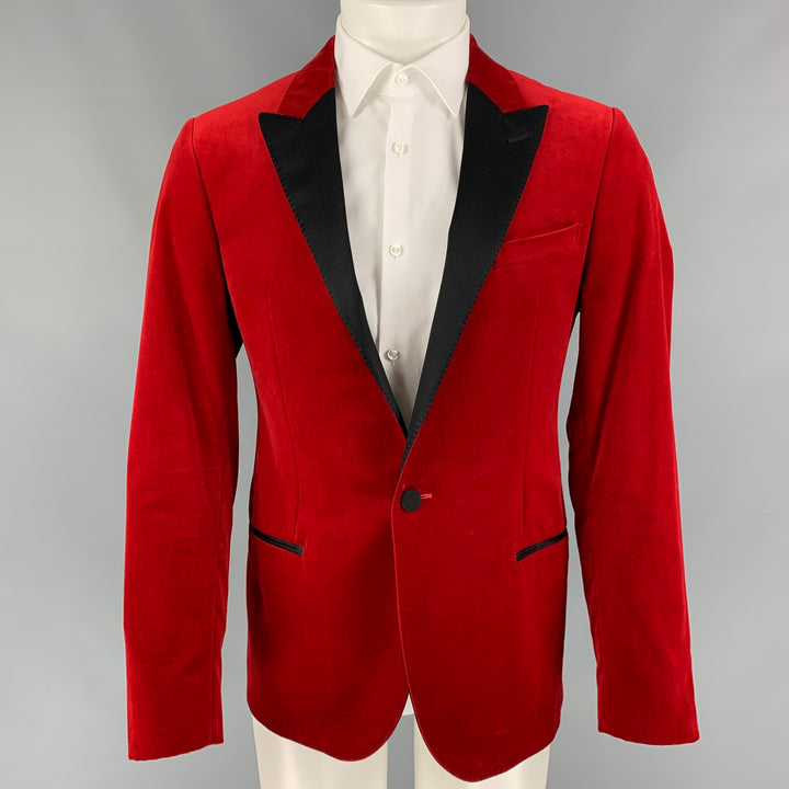 LANVIN Size 40 Regular Red Black Velvet Cotton Peak Lapel Sport Coat