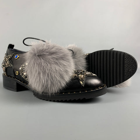 IVY KIRZHNER Size 7.5 Black & Silver Leather Rhinestones Pom Pom Barnum Laces
