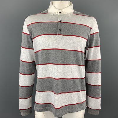 LORO PIANA Size XL Grey & Red Stripe Cotton Buttoned Long Sleeve Rugby Polo