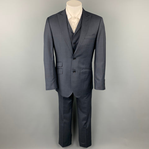 ENGLISH LAUNDRY Arrogant Size 40 Navy Plaid Lana Wool Peak Lapel 3 Piece Suit