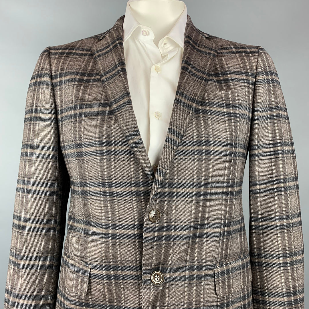 ETRO Talla 42 Abrigo deportivo con solapa de muesca en mezcla de lana a cuadros marrón y gris