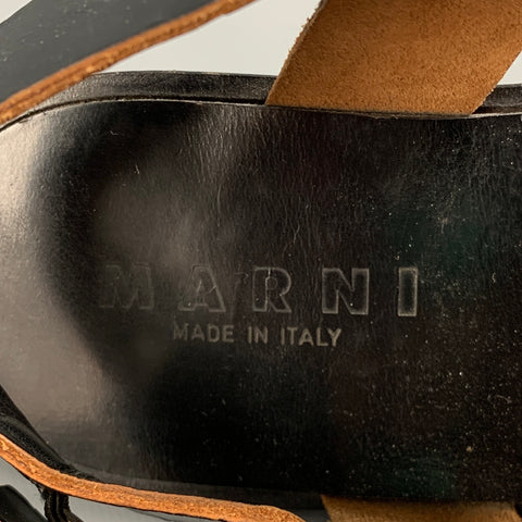 MARNI Size 7 Black Tan Leather Studded Ankle Strap Sandals