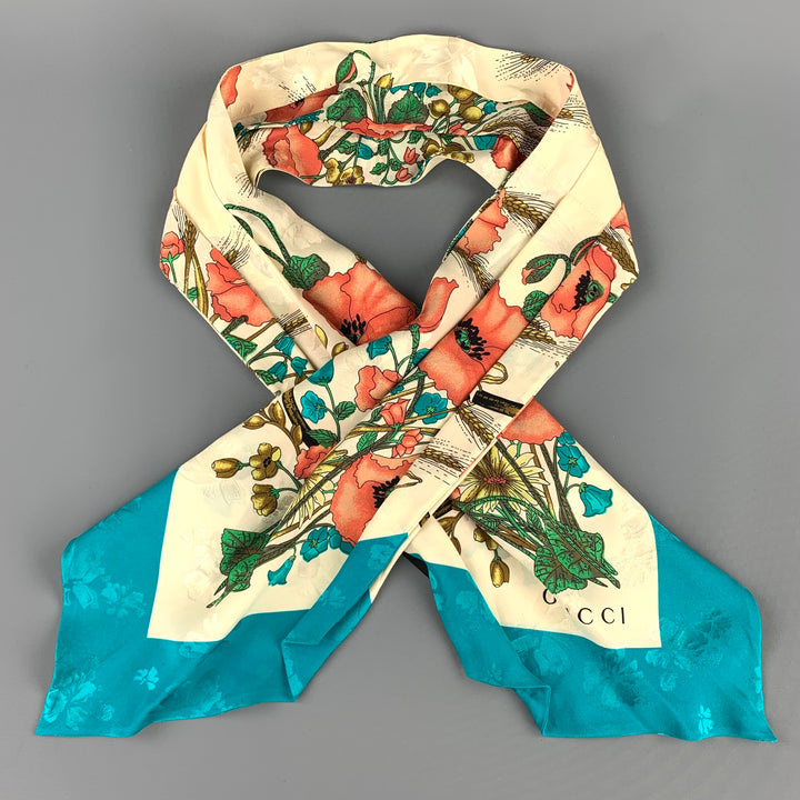 GUCCI Multi-Color Floral Silk Turquoise Border Ascot