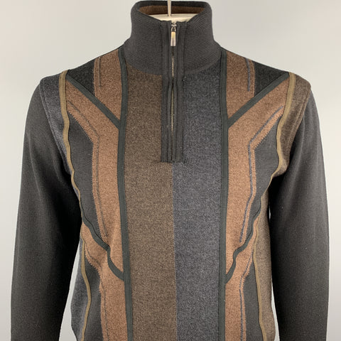 DALMINE Size S Black Color Block Merino Wool Half Zip Brown Pullover
