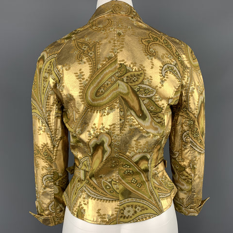 MUGLER Size 4 Metallic Gold & Green Paisley Cropped Jacket