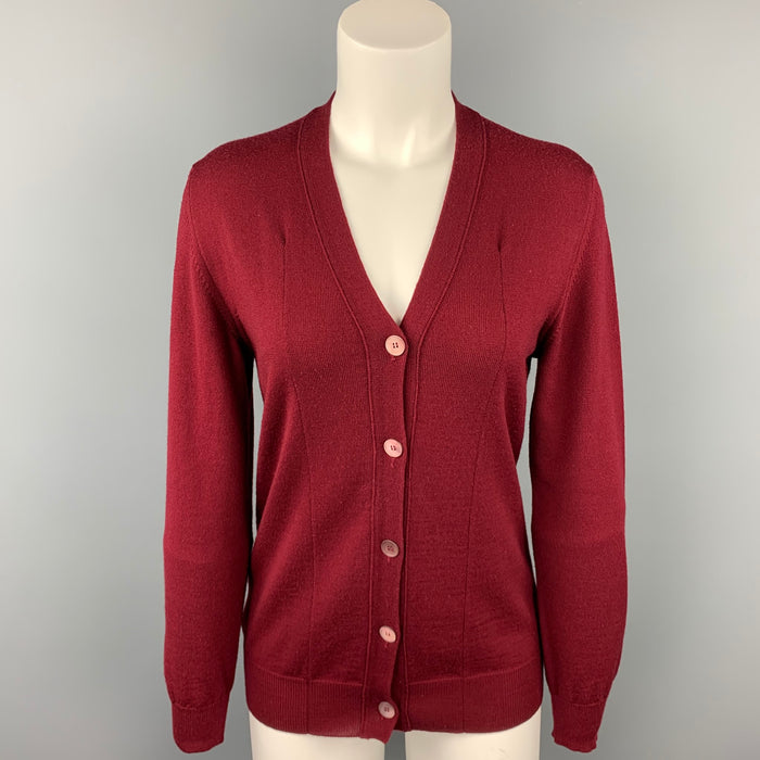 MIU MIU Size 4 Burgundy Knitted Wool Buttoned Cardigan
