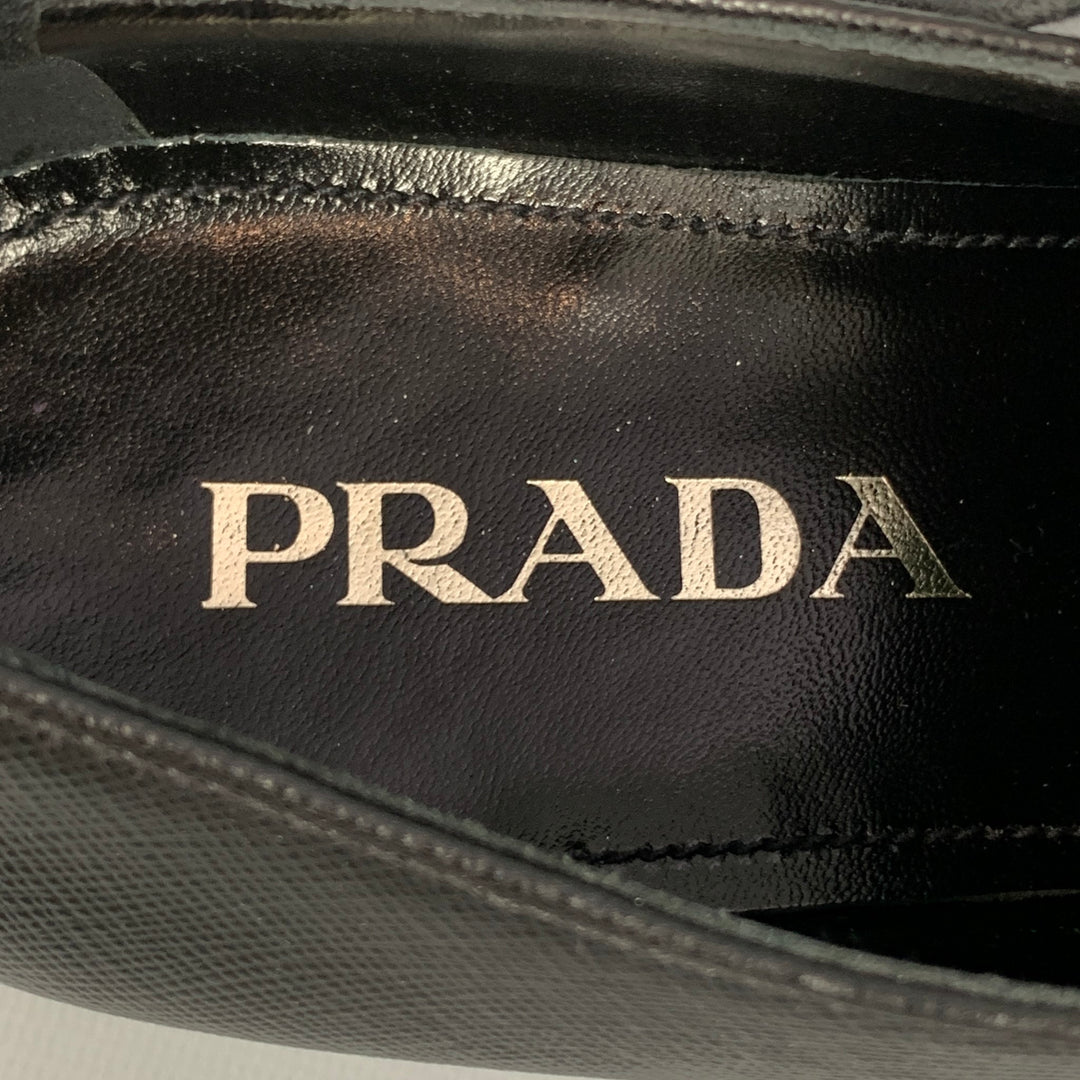 PRADA Size 7 Black Textured Leather Lace Up Shoes