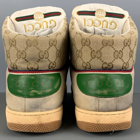 GUCCI Size 10.5 Tan Green & Red Distressed Canvas High Top Sneakers