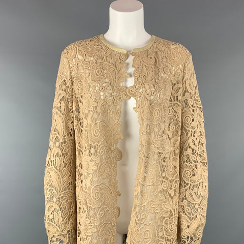 RALPH LAUREN Black Label Talla 12 Cárdigan con ribete de cuero de algodón con textura de encaje beige