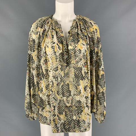 ISABEL MARANT Talla 4 Blusa extragrande de seda con estampado de piel de serpiente verde oliva y amarillo