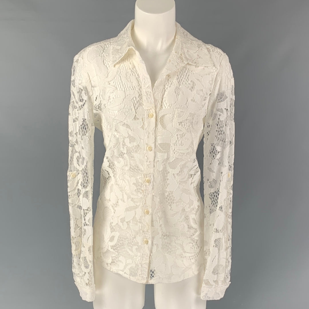 DIANE VON FURSTENBERG Size 6 Cotton Blend  White Lace Button Up Shirt