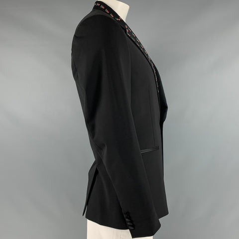 PAUL SMITH Size 44 Black Embroidery Wool Elastane Tuxedo Sport Coat