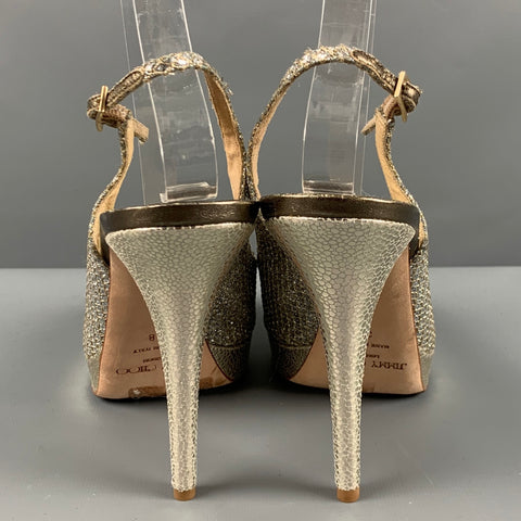 JIMMY CHOO Sandales à bride arrière en cuir métallisé argenté, taille 8