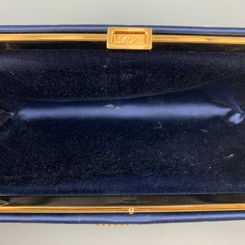 ROGER VIVIER Navy Gold Embroidered Silk Clutch Handbag