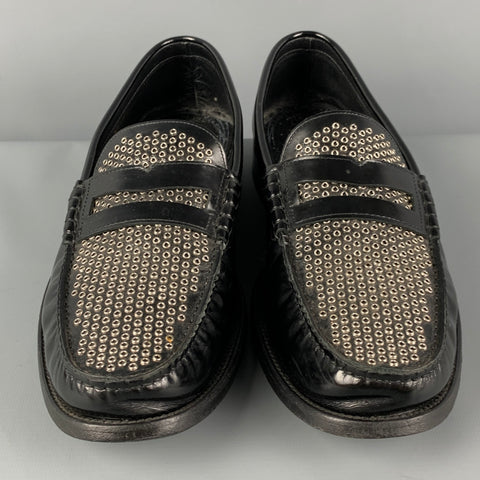 SAINT LAURENT Size 9 Black Silver Studded Leather Slip On Loafers