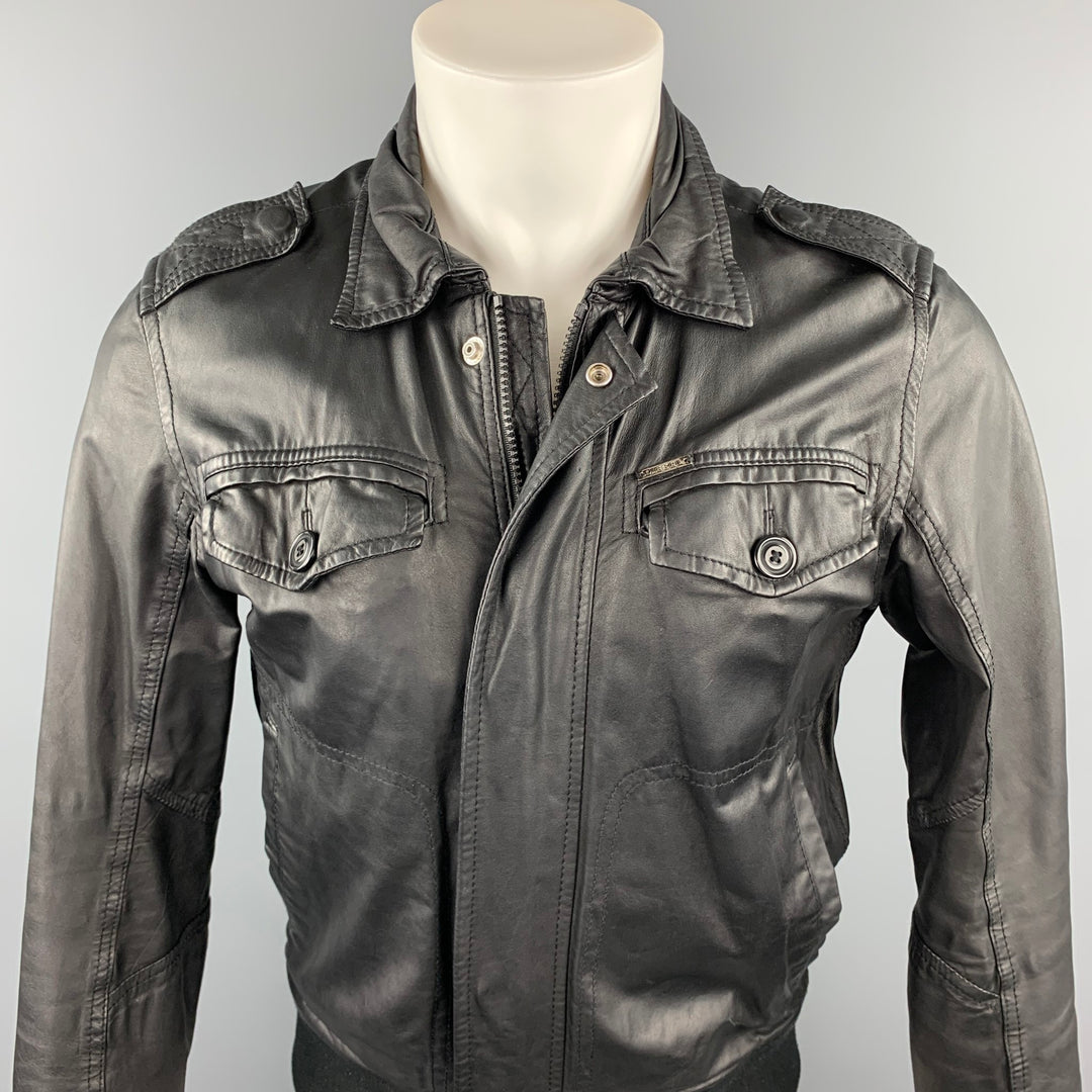 DIESEL Size M Black Leather Zip & Snaps Jacket