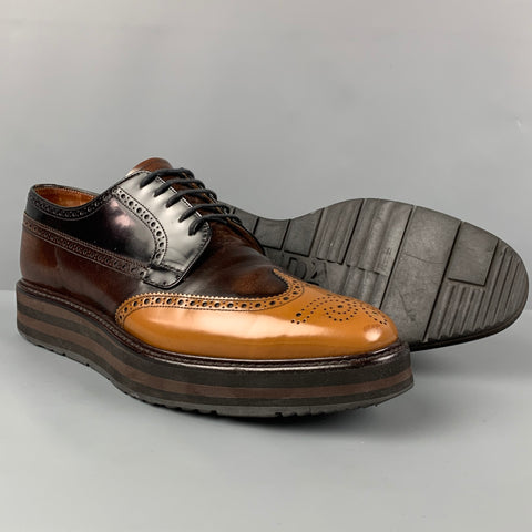 PRADA Size 10 Brown Tan Perforated Leather Wingtip Lace Up Shoes