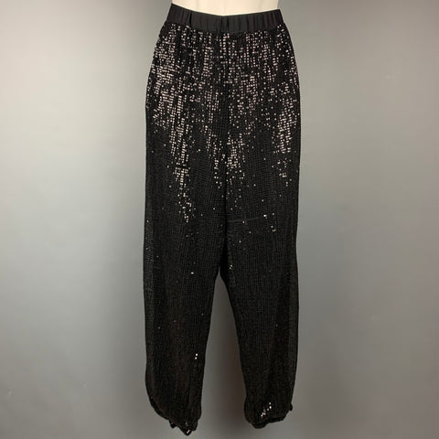 ST. JOHN COUTURE Taille L Pantalon habillé en polyester à paillettes noires avec ceinture élastique