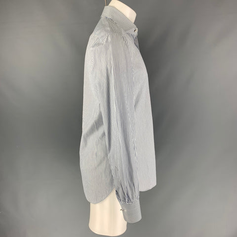 KITON Size M White & Navy Stripe Cotton Button Up Long Sleeve Shirt