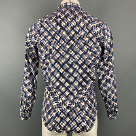 PRADA Size S Navy & White Plaid Cotton Button Up Long Sleeve Shirt