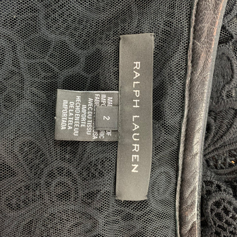RALPH LAUREN Black Label Size 2 Black Lace Textured Cotton Leather Trim Cardigan