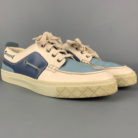 GUCCI Talla 8.5 Zapatillas náuticas de cuero con bloques de color azul y beige