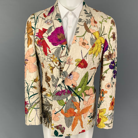 GUCCI Size 40 Beige Multi-Color Floral Silk Double Breasted Sport Coat