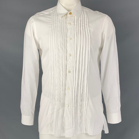 LANVIN Size L White Pleated Cotton Tuxedo Long Sleeve Shirt