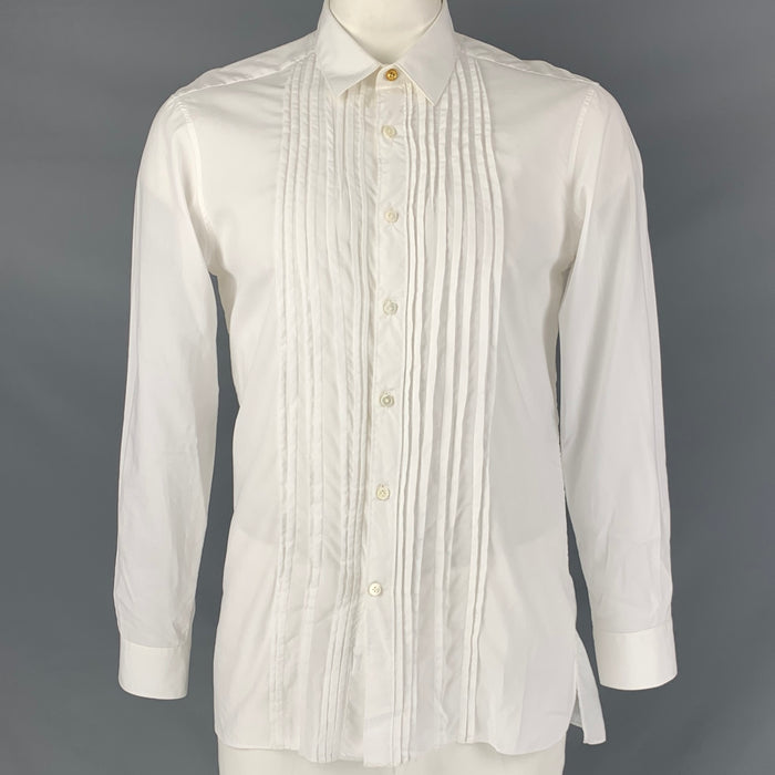LANVIN Size L White Pleated Cotton Tuxedo Long Sleeve Shirt