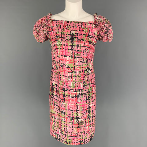 YVES SAINT LAURENT Talla S Vestido de manga corta abstracto rosa verde negro