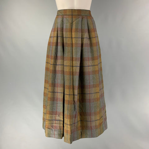 PERRY ELLIS Size 10 Brown &  Grey Wool Plaid Pleated Skirt