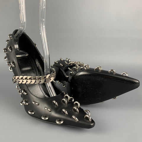 GIVENCHY Size 8 Black Silver Leather Chain Mary Jane Pumps