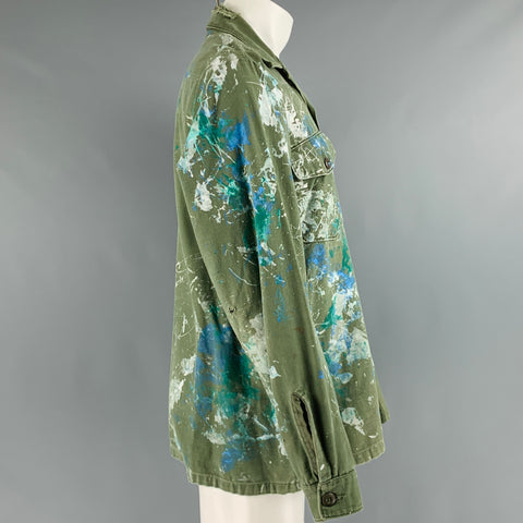 VINTAGE Size S Green Blue White Splattered Cotton Military Long Sleeve Shirt