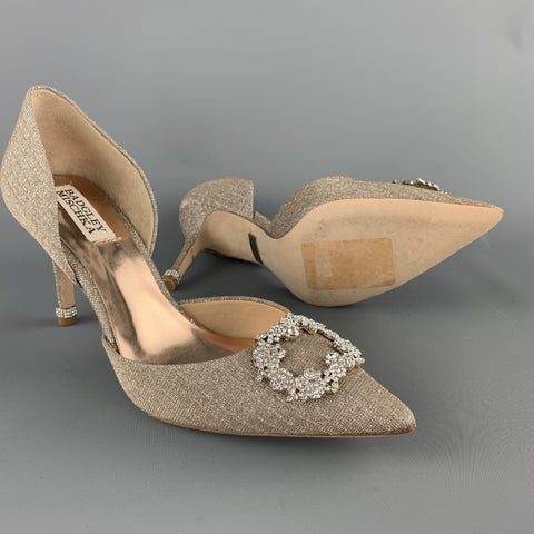 BADGLEY MISCHKA Size 8 Silver Metallic Beige Fabric Rhinestone Buckle D'orsay Pumps