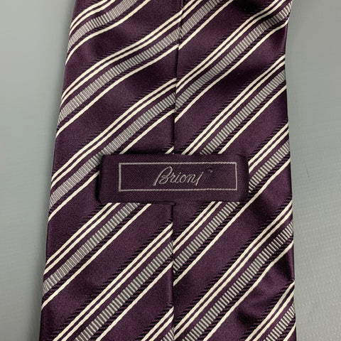 BRIONI Eggplant & White Stripe Silk / Cotton Tie