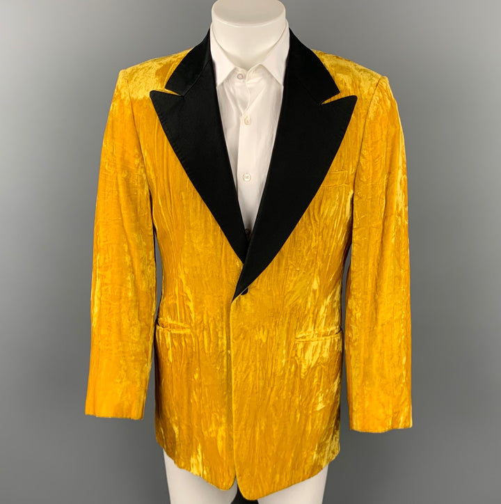 Vintage DESPUÉS DE SIX Tamaño 40 Abrigo deportivo de solapa de pico de terciopelo texturizado dorado