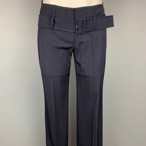 PRADA Pantalon habillé plissé ceinturé en laine vierge marine taille 2