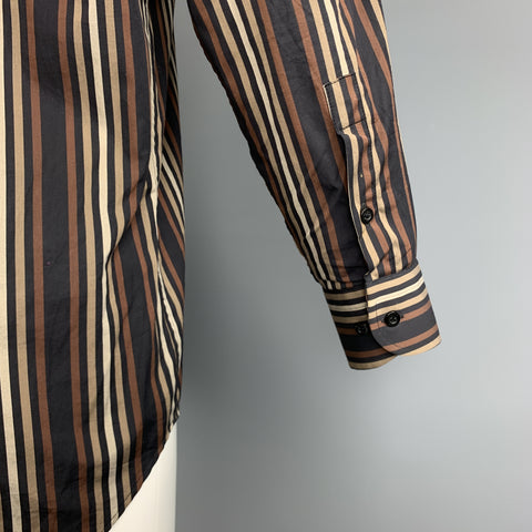 VERSACE CLASSIC Size S Brown & Black Stripe Cotton Double Collar Button Up Long Sleeve Shirt