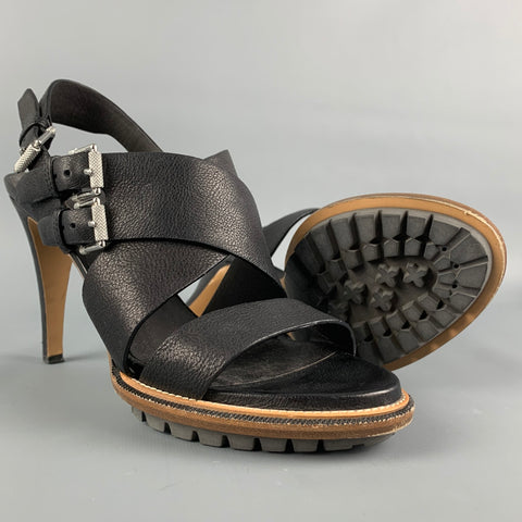 BELSTAFF Size 8 Black Pebble Grain Leather Ashton Sandals