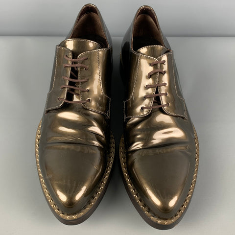 JIMMY CHOO Size 11 Gold Metallic Patent Leather Lace Up Shoes