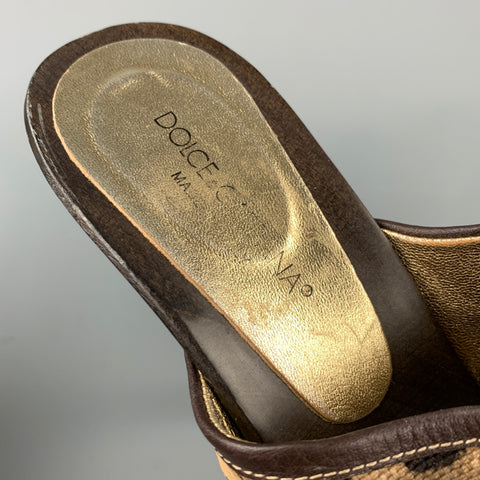 DOLCE &amp; GABBANA Taille 10 Sandales sabots en cuir et toile marron et beige