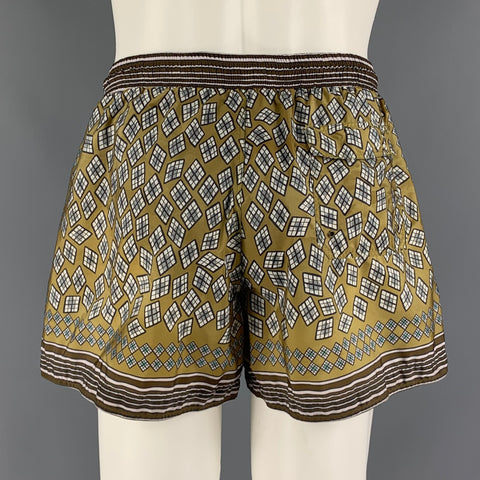 BURBERRY PRORSUM Spring 2013 Size M Olive & Brown Geometric Nylon Drawstring Swim Trunks