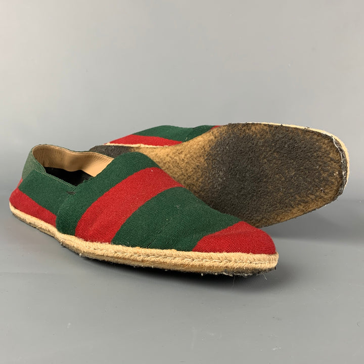 GUCCI Size 10.5 Green Red Stripe Canvas Espadrille Loafers