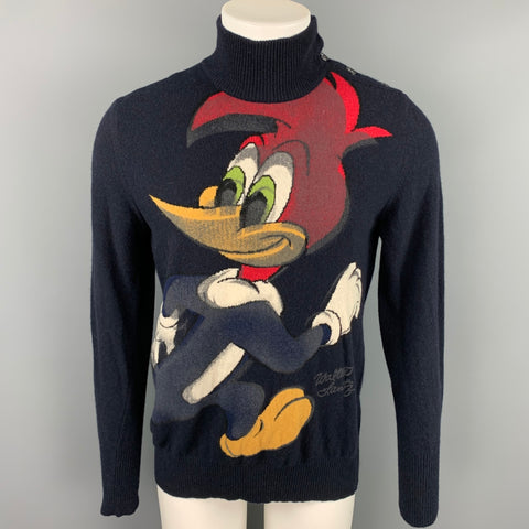 ICEBERG Woody Woodpecker Size L Navy Knitted Wool / Nylon Mock Turtleneck Pullover