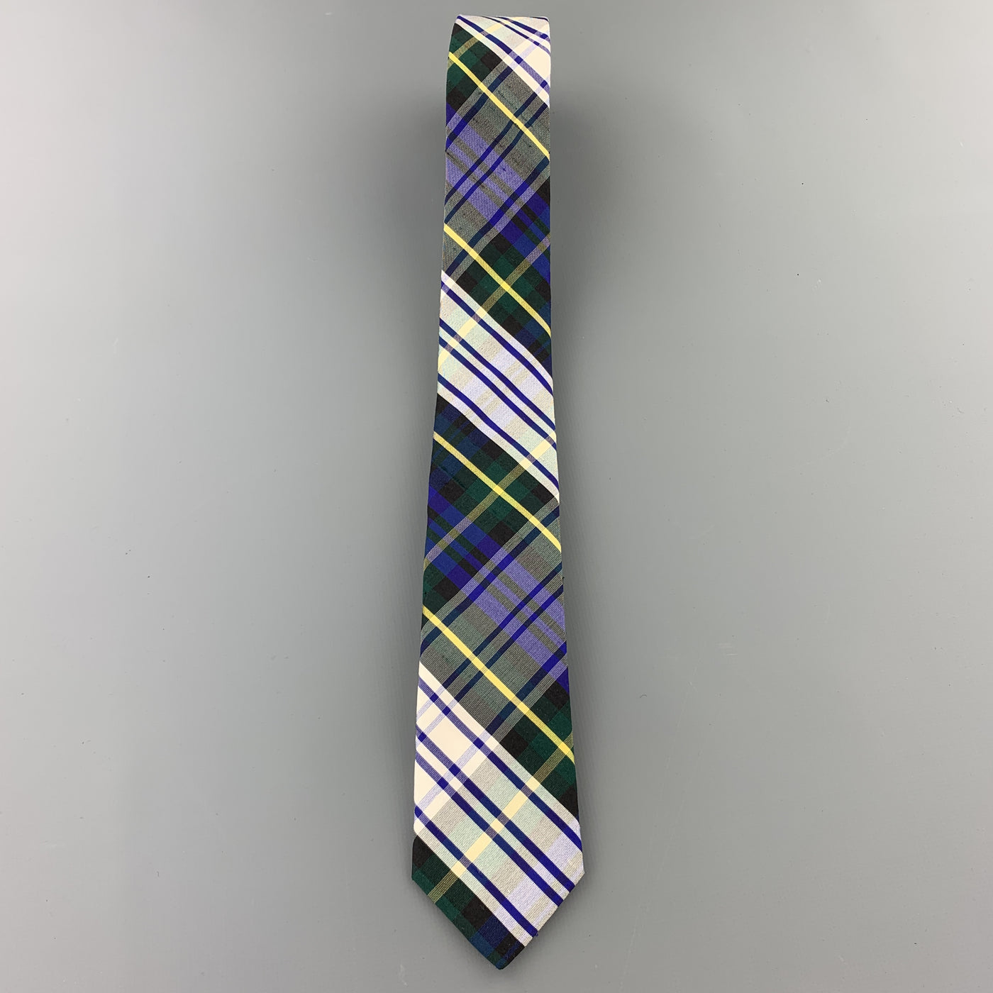 BARNEY'S CO-OP Blue White Yellow & Green Plaid Silk Skinny Tie