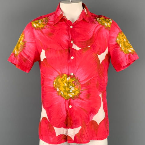 THEORY Size L Pink & Yellow Floral Cotton Button Up Short Sleeve Shirt