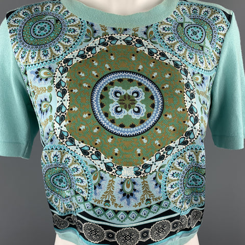 ETRO Size 6 Mint Blue Cotton Knit Silk Scarf Front Pullover